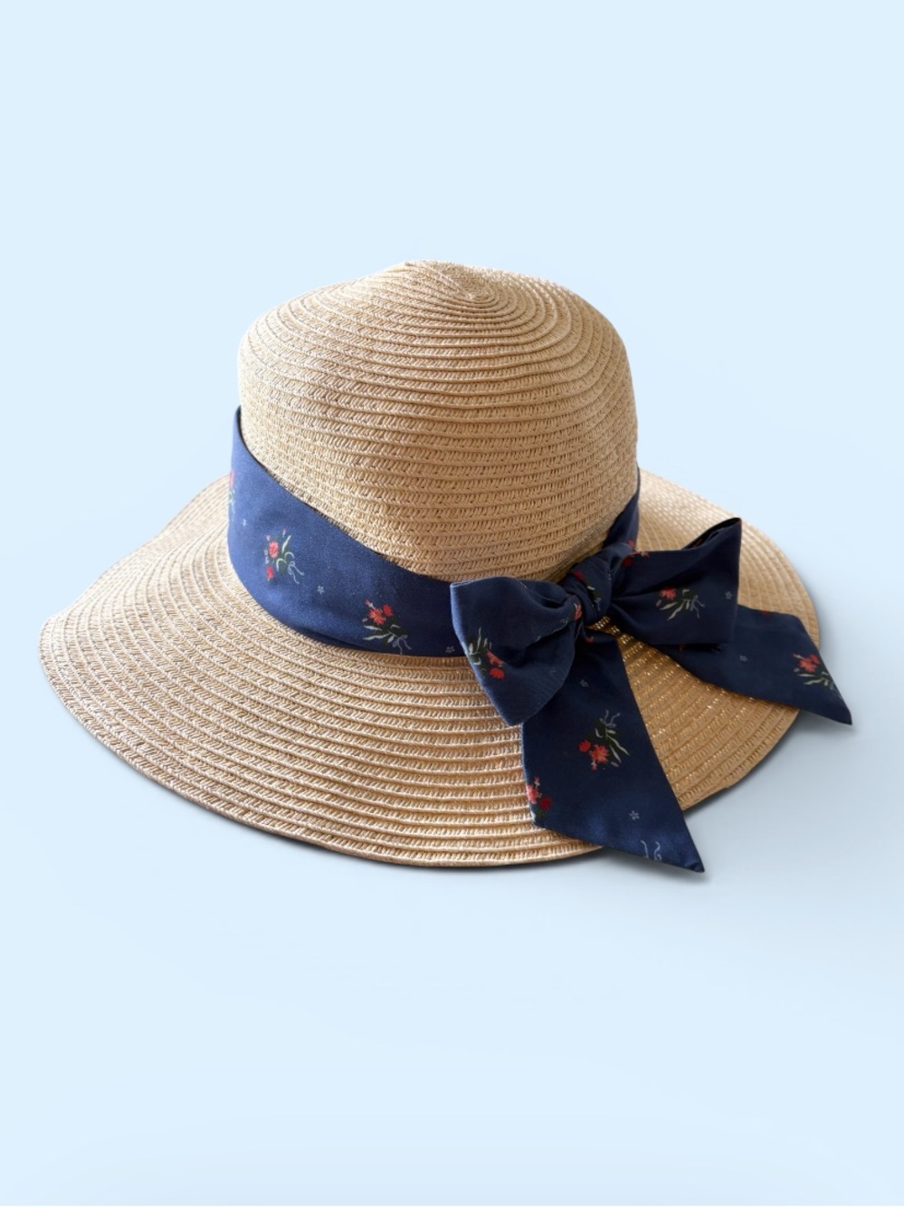 Disney | Belle | Beauty and the Beast | Straw Sun Hat with Navy Floral Bow